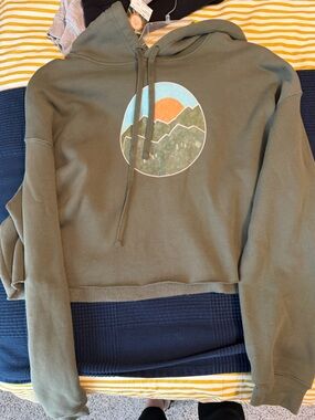 Bella Canvas Olive Green Graphic Hoodie with Sunset Mountain Print